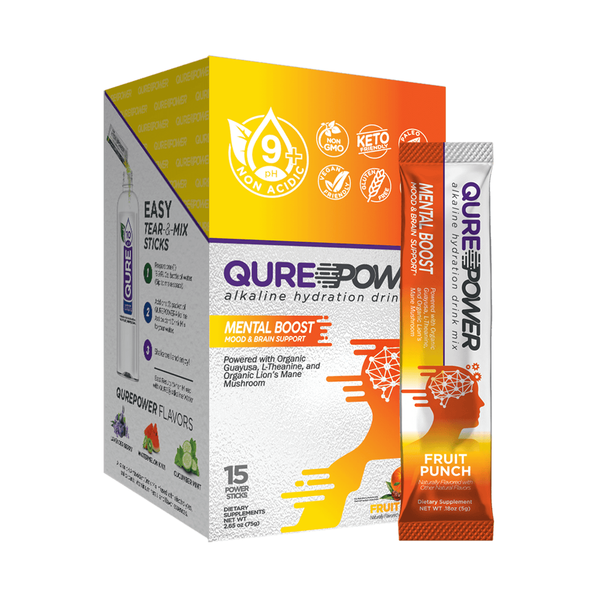 QURE Power Fruit Punch Mental Boost Stick Pack (15 Count) Qure Wellness